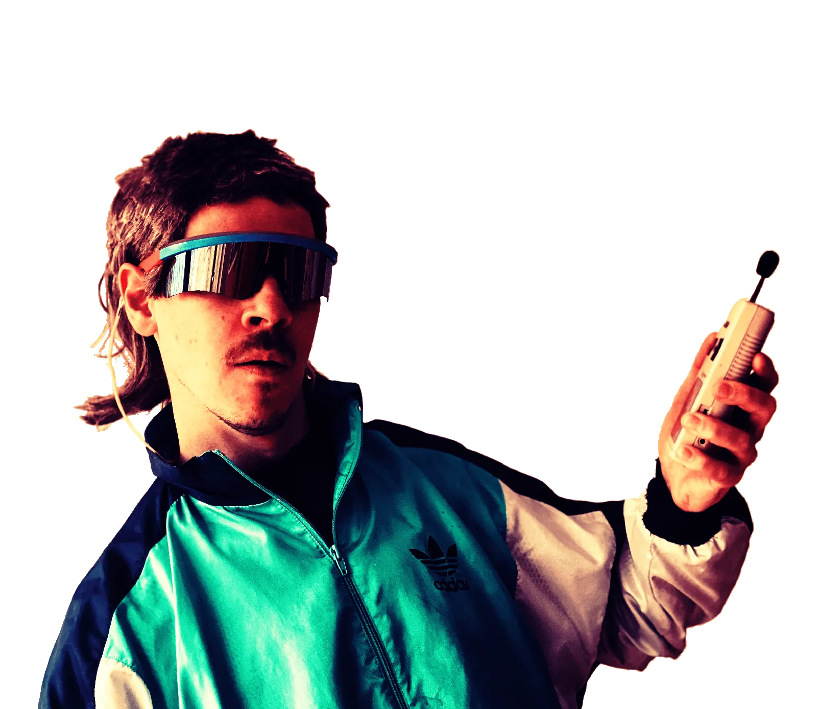 Man in a 90s tracksuit and shades on a brick-sized mobile phone